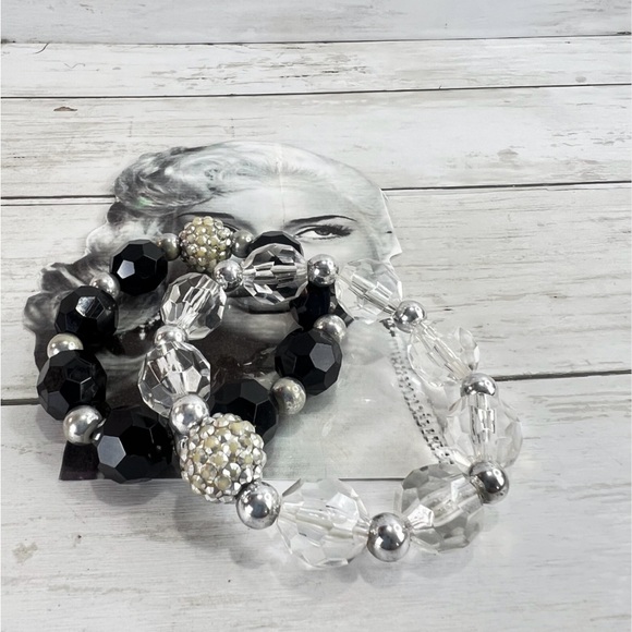 Beaded Stretch Bracelets Silver Clear & black disco ball Beads Set Of 2. - Picture 4 of 4